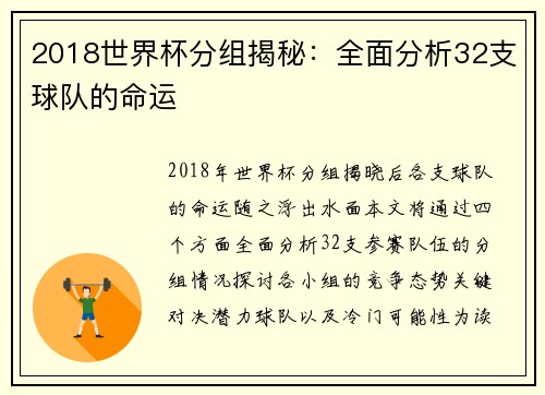 2018世界杯分组揭秘：全面分析32支球队的命运