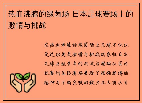 热血沸腾的绿茵场 日本足球赛场上的激情与挑战
