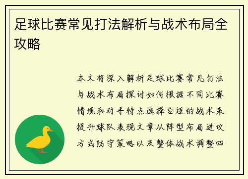 足球比赛常见打法解析与战术布局全攻略