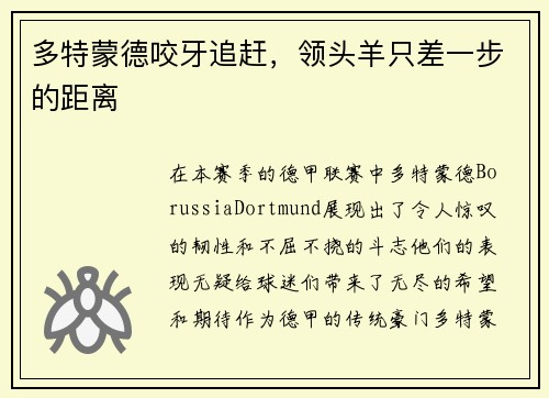 多特蒙德咬牙追赶，领头羊只差一步的距离