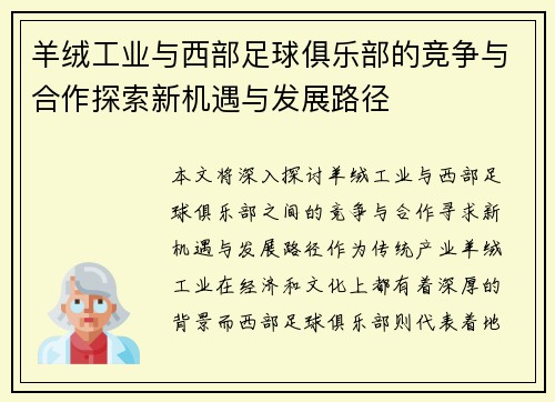 羊绒工业与西部足球俱乐部的竞争与合作探索新机遇与发展路径